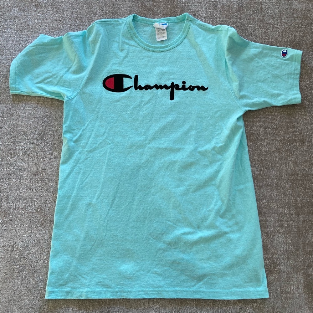 Mens CHAMPION Flock Script Mint Green S/S Shirt